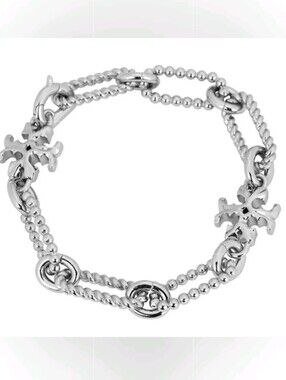 Tory Burch Silver Double-Chain Logo Charm Bracelet